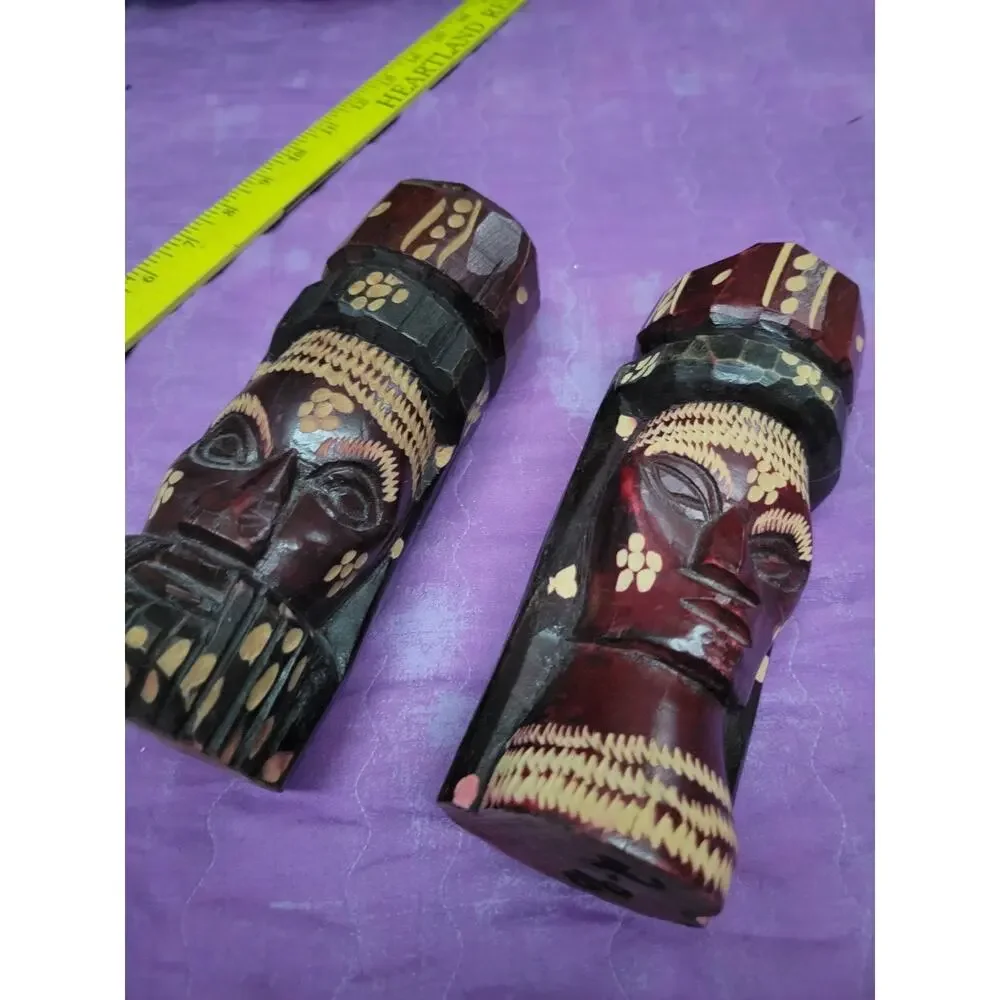 Wood Carved Tiki Heads - Man & Woman with No Problem on Side Jamacian